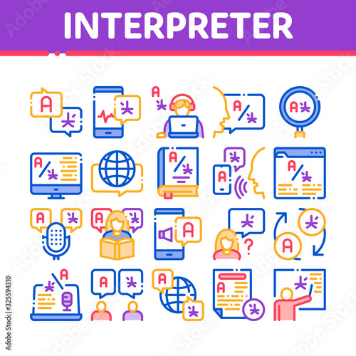 Interpreter Translator Collection Icons Set Vector. Interpreter In Smartphone And Web Site, Laptop And Microphone, Language Linguist Concept Linear Pictograms. Color Illustrations
