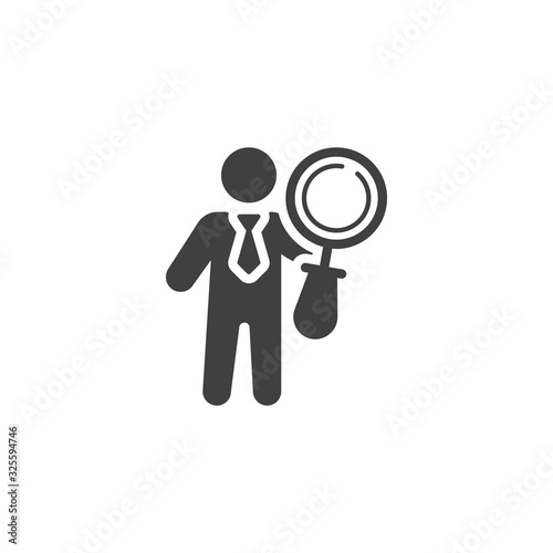 Employee search vector icon. Hiring, recruitment filled flat sign for mobile concept and web design. Business man with magnifying glass glyph icon. Symbol, logo illustration. Vector graphics