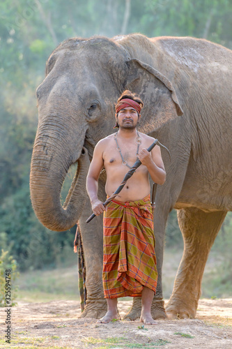 Portrait of the elephant mahout Standing action with a trusted elephant