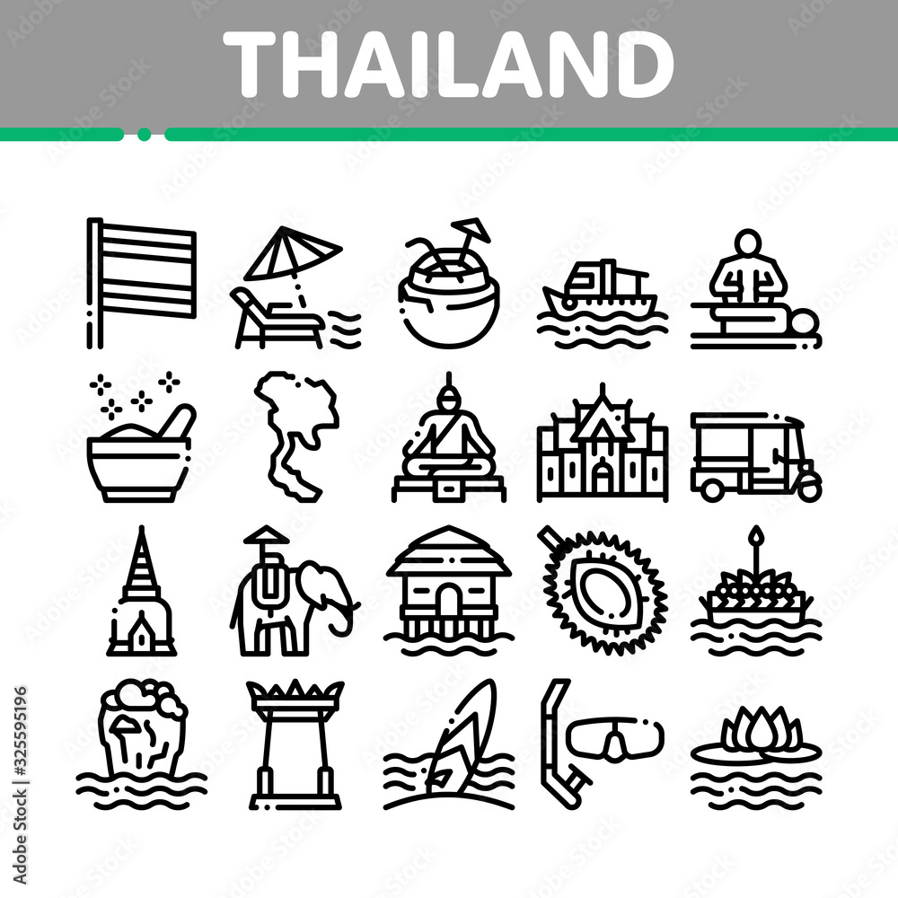 Thailand National Collection Icons Set Vector. Thailand On Geography Map And Flag, Bungalow And Building, Elephant And Tuktuk Concept Linear Pictograms. Monochrome Contour Illustrations