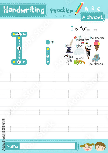 Letter I uppercase and lowercase cute children colorful ABC alphabet trace practice worksheet for kids learning English vocabulary and handwriting layout in A4 vector illustration.