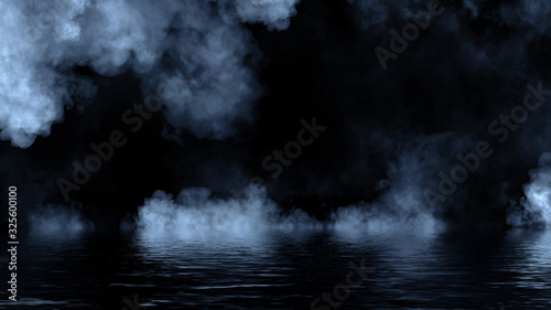 Fog and mist effect on black background. Coastal smoke on the shore. Reflection in water texture overlays. Stock illsutration.