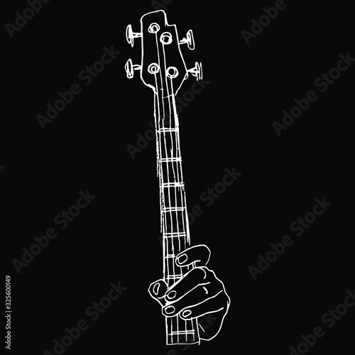 Isolated vector illustration. Human hand holding electric bass guitar. Hand drawn linear doodle sketch. White silhouette on black background.