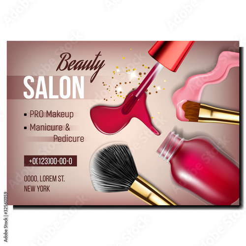 Beauty Salon Cosmetology Advertising Poster Vector. Bottle Of Red Nail Polish And Brush Woman Cosmetic Accessories For Pro Makeup, Manicure And Pedicure. Fashion Liquid And Sparkles. 3d Illustration