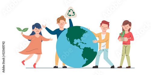 Young people save the planet promoting concept. Save world background animation cartoon.