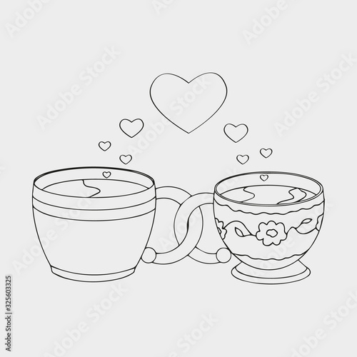 A pair of cups with hearts instead of a beverage, black, boy, cafe, cappuccino, charactesteam. Cups in love. Manual painting. Isolated on a white background. To design a menu or design a cafe. Vector.