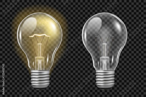 Realistic light bulb on transparent. Glowing and turned off electric filament lamps. Template creativity idea business innovation. Vector illustration.