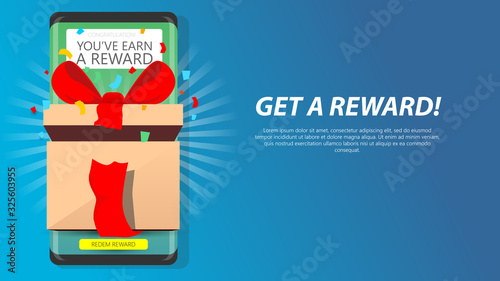get reward mystery gift on mobile phone screen. opened gift box loyalty, gamification rewarding program. semi flat style modern clean vector illustration with blank customized text placement