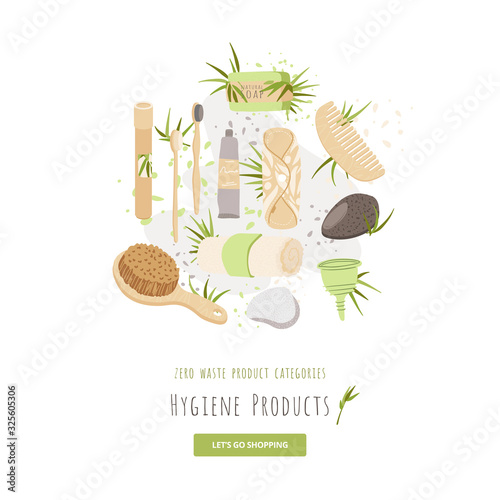 Vector set of beauty and hygiene Zero Waste Products for product Category illustration. Brush, natural soap, organic package, menstrual cloths, pads and makeup accessories with bamboo, cotton.