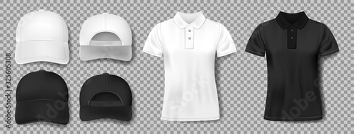 Set of sports wear template. Black and white baseball cap and polo shirt mockup, front and back view. Realistic t-shirt vector illustration