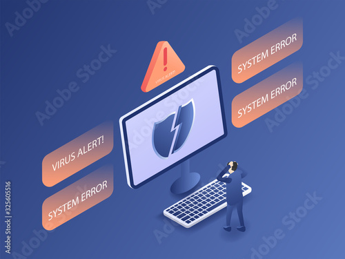 Man got his computer virus and malware cause error and deleted files or lost data. 3D isometric vector illustration