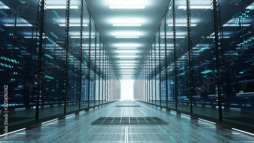 Data center with endless servers. Network and information servers behind glass panels.Server room with twinkling lights. 4K high quality loop animation photo