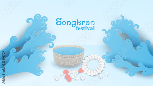 Songkran thailand festival. Design with garland origami and water Kanok thai art ,paper art style .vector.