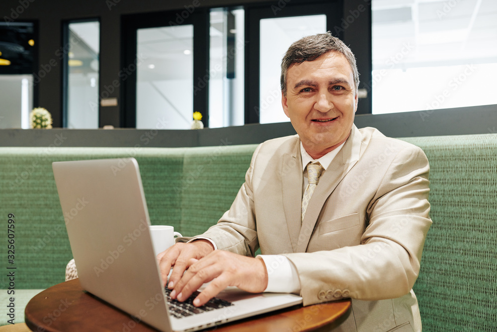 Portrait of positive middle-aged businessman working on laptop and smiling at camera Portrait of positive middle-aged businessman working on laptop and smiling at camera