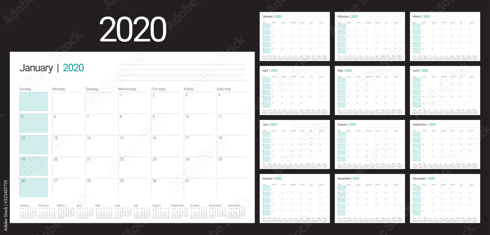 Year 2020 desk calendar vector illustration