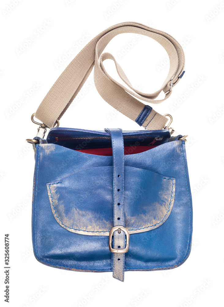 open blue leather handbag with textile strap open blue leather handbag with textile strap