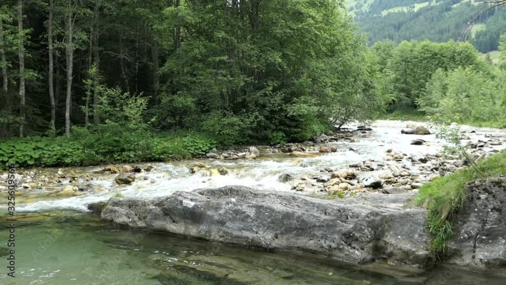 Alpine mountain stream in Zillertal valley with trout fished in a small pond swimming around looking for food. Alpine mountain stream in Zillertal valley with trout fished in a small pond swimming around looking for food.