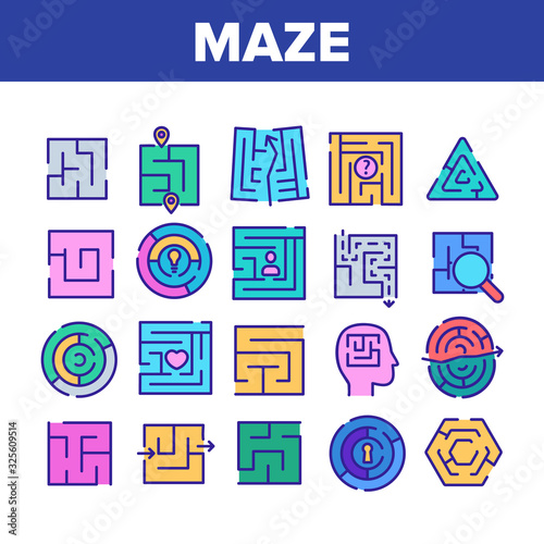 Maze Puzzle Different Collection Icons Set Vector. Maze Labyrinth Research And In Human Head, Direction And Locked, Keyhole And Heart Shape Concept Linear Pictograms. Color Illustrations © vectorwin