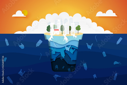 Waste and garbage of plastic pollution from city in trash can on the sea.Paper art of ocean,conservation and sustainable environment and ecology concept.Vector illustration.