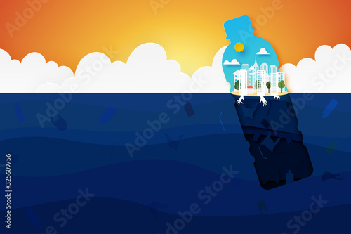 Waste and garbage of plastic pollution from city in plastic bottle on the sea.Paper art of ocean,conservation and sustainable environment and ecology concept.Vector illustration.