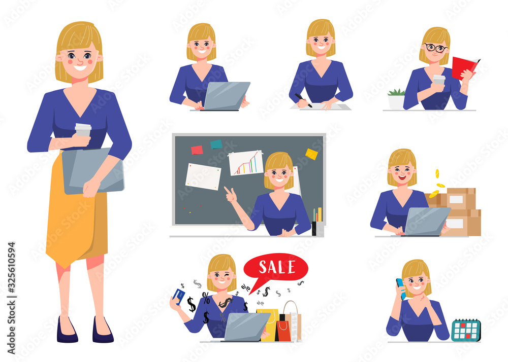 Business woman in job and lifestyle daily routine character set. Business people in occupation and job details.