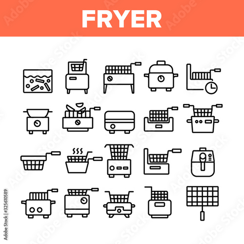 Fryer Electronic Tool Collection Icons Set Vector. Fryer Electric Equipment For Cooking Hot Fry Fat Potato And Chicken Food Concept Linear Pictograms. Monochrome Contour Illustrations