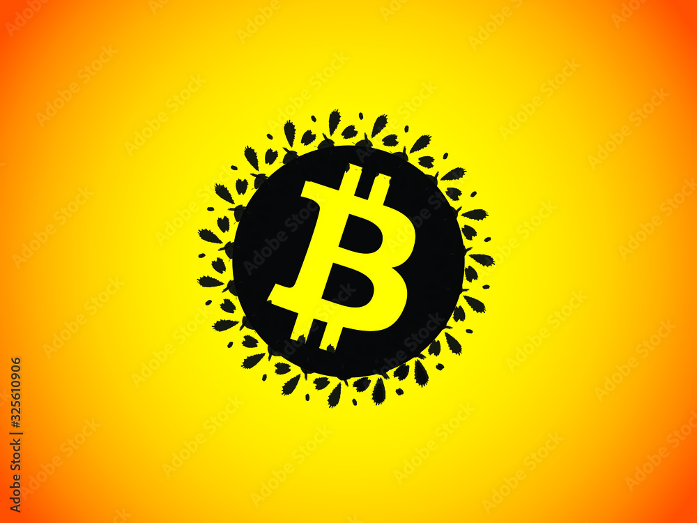 Naklejka premium Bitcoin wallpaper. Yellow - orange gradient background with black abstract BTC symbol in the center of the wallpaper.