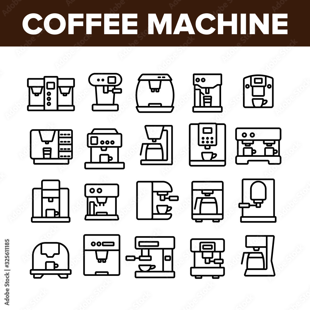 Coffee Machine Device Collection Icons Set Vector. Professional And Domestic Make Coffee Latte Or Espresso Energy Drink Equipment Concept Linear Pictograms. Monochrome Contour Illustrations Coffee Machine Device Collection Icons Set Vector. Professional And Domestic Make Coffee Latte Or Espresso Energy Drink Equipment Concept Linear Pictograms. Monochrome Contour Illustrations
