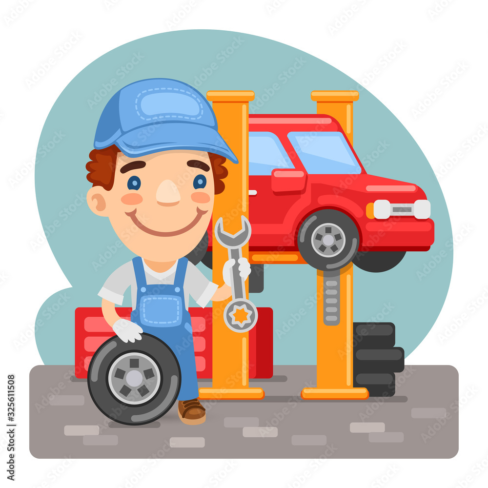Cartoon tire master repairs wheels in a workshop. Composition with a professional. Flat male character. Cartoon tire master repairs wheels in a workshop. Composition with a professional. Flat male character.