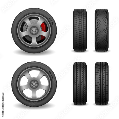 Realistic vector wheel and tires set. Car tires with different tread marks. Vector wheel with brake gear isolated on white. vector illustration