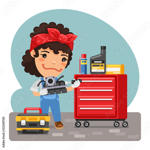 Cartoon mechanic woman using a screwdriver repairs a part in a workshop. Composition with a professional. Flat female character.