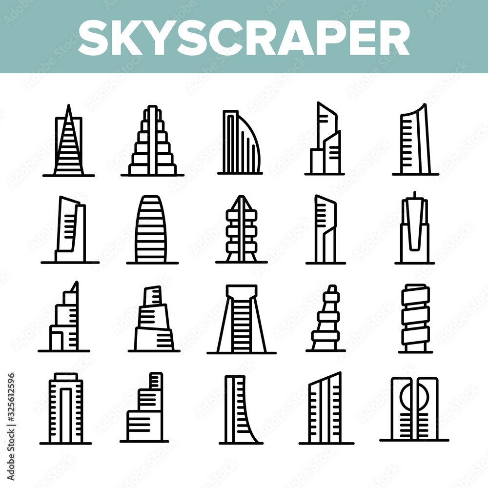 Skyscraper Building Collection Icons Set Vector. Architecture And Exterior Skyscraper, Business City House And Construction Concept Linear Pictograms. Monochrome Contour Illustrations