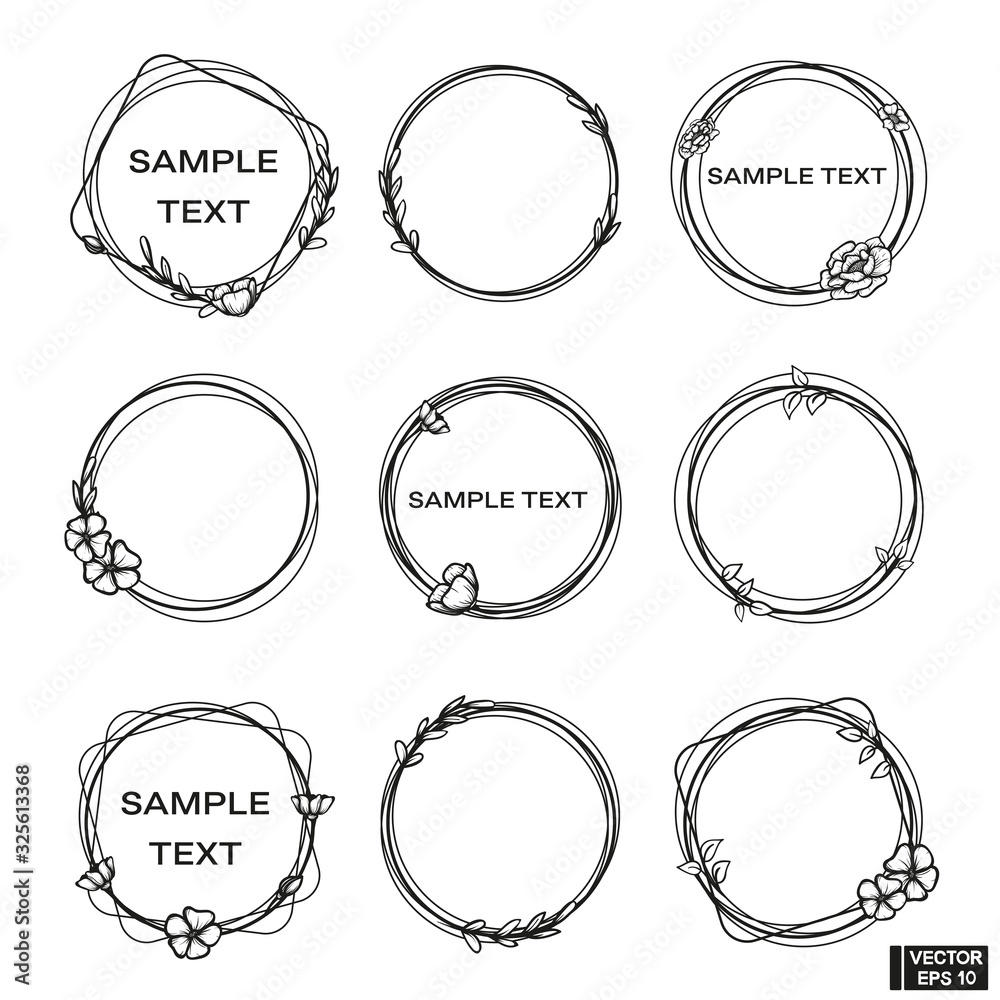 Set of graphic circle frames with leaf and flowers. Set of graphic circle frames with leaf and flowers.
