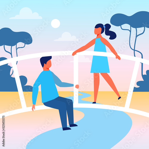 Kids Playing on Bridge Flat Vector Illustration. Siblings, Brother and Sister Cartoon Characters. Little Boy and Girl, Children Spend Time Together. Carefree Friends in Park. Happy Childhood