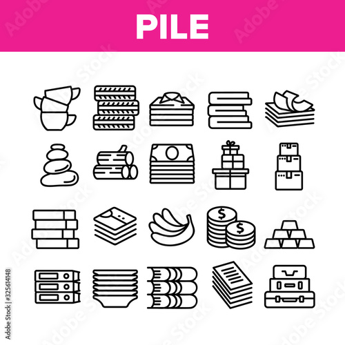 Pile Objects Things Collection Icons Set Vector. Pile Of Money Banknotes And Coins, Wood And Cases, Boxes And Banana, Cups And Plates Concept Linear Pictograms. Monochrome Contour Illustrations