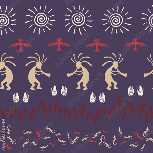 Mythical, design with trickster god, swirl icons on human palm, sun, eagle.