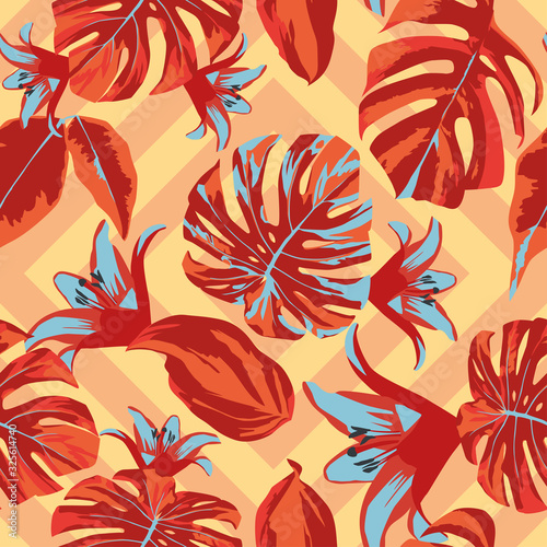 Abstract red leaves seamless pattern geometric background