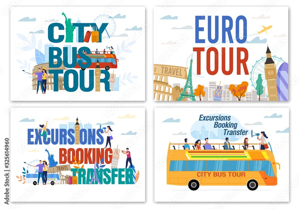 Naklejka premium Euro and Worldwide Excursion. Booking Transfer and Bus City Tour Advertisement Set. Famous Building Landmark, Sightseeing Attraction and Happy People Tourist Creative Design. Vector Illustration