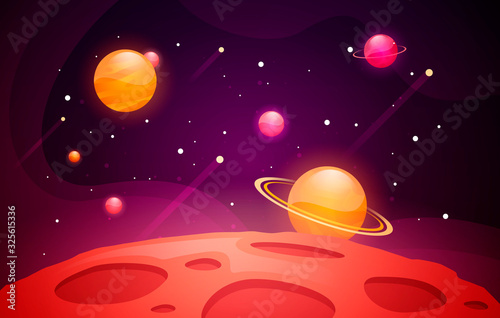 Vector Illustration Space Background With Red Planet Landscape. Stars and Comets Decoration For Your Design.
