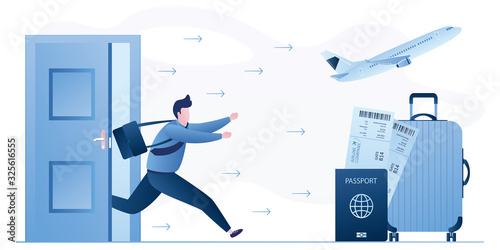 Handsome businessman runs from office to travel and vacation. Suitcase,passport with boarding pass and aircraft takeoff.