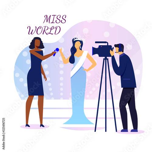 Miss World Interview Flat Banner Vector Template. Woman with Tiara, Female Reporter and Cameraman Cartoon Characters. Feminine Contest Winner Talks to Press Illustration with Typography