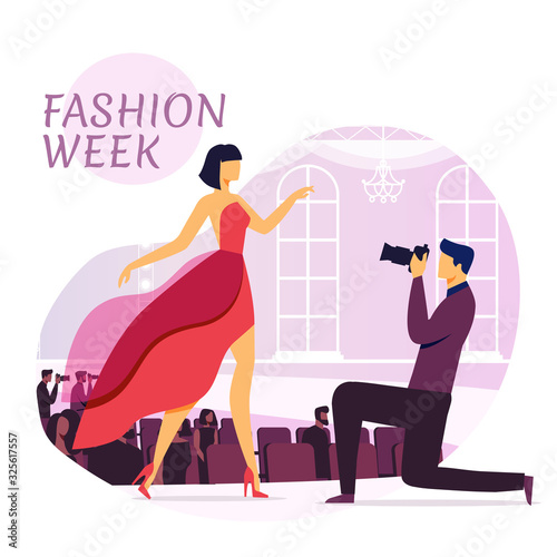 Designer Clothes Presentation Social Media Banner. Man with Camera and Top Model Cartoon Characters. Fashion Week Poster Template. Woman Posing for Photographer Vector Illustration with Typography
