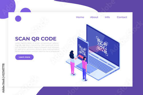 People use smartphone for QR code scanning. Landing page template. Vector isometric illustration.