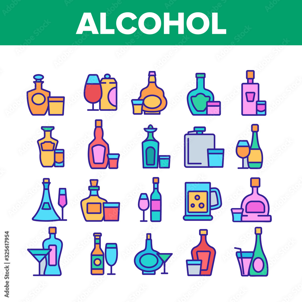Alcohol Drink Bottles Collection Icons Set Vector. Tequila And Cognac, Vodka And Beer, Whiskey And Champagne Alcohol Beverage Concept Linear Pictograms. Color Illustrations Alcohol Drink Bottles Collection Icons Set Vector. Tequila And Cognac, Vodka And Beer, Whiskey And Champagne Alcohol Beverage Concept Linear Pictograms. Color Illustrations