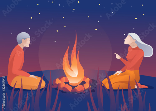 Old Man and Woman Sitting near Bonfire Cartoon. Grey-Haired Female and Male Characters, Aged Married Couple Rest in Forest. Camping. Natural Scene at Night. Vector Illustration in Flat Cartoon Style