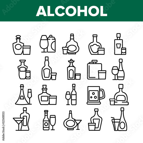 Alcohol Drink Bottles Collection Icons Set Vector. Tequila And Cognac  Vodka And Beer  Whiskey And Champagne Alcohol Beverage Concept Linear Pictograms. Monochrome Contour Illustrations