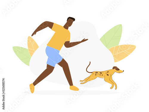 Young Dark Skinned Man Walking with Playful Dog, Character Jogging with Home Pet, Morning Running Exercising, Domestic Animals Recreation, Sparetime Outdoors, Friends Cartoon Flat Vector Illustration