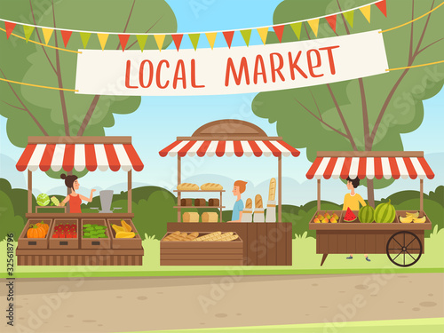 Local market. People shopping healthy fresh food vegetables fruit meat grocery stores organic products vector background. Illustration market with vegetable and fruits