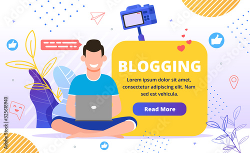 Commercial Blogging and Content Marketing Presentation. School and Training Tutorial for Blogger Beginner Newcomer. Smiley Successful Man Working on Laptop. Education, News, Trends, Seminars, Webinars