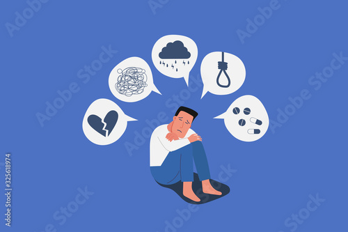 sad young man in depression sitting on knees, boy with broken heart, confused, rainy cloud, hanging rope and drugs on mind, mental health concept, cartoon male character vector flat illustration